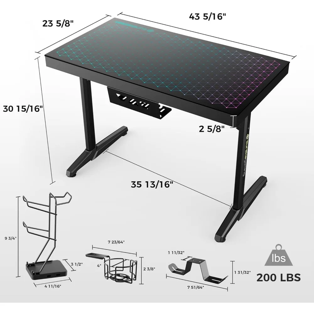 Game Desk, Illuminated Tempered Glass Tabletop, 43 Inch GTG I43 Home Office Computer Desk with 4 USB Charging Ports Furniture