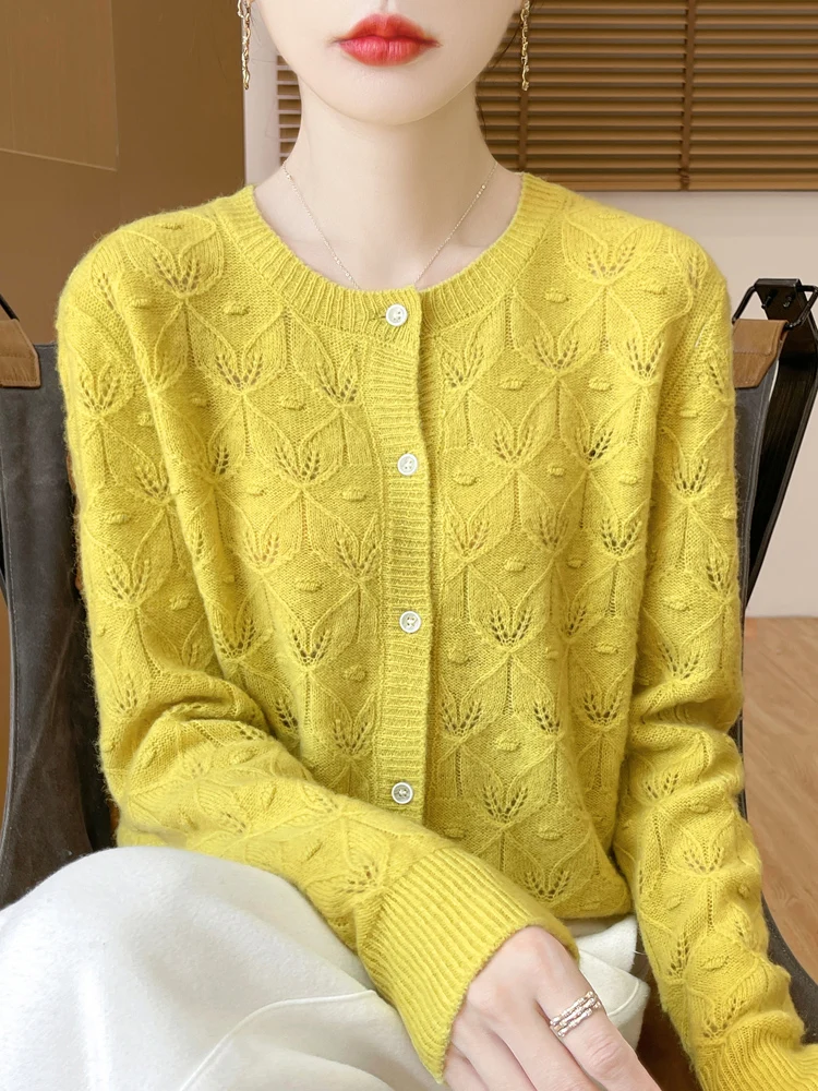 

New 100% Wool Sweater Jacquard Hollow Cardigan Spring Women's Top Long Sleeved Round Neck Knitted Sweater
