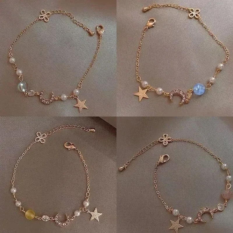 Girls Gold Color Zircon Star Moon Pearl Bracelet Simple Geometric Fashion Women Chain Bracelets Charming Elegant Jewelry Gift