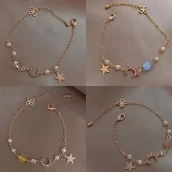Girls Gold Color Zircon Star Moon Pearl Bracelet Simple Geometric Fashion Women Chain Bracelets Charming Elegant Jewelry Gift