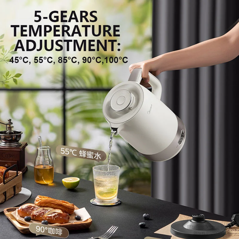 Midea ketel listrik keselamatan 1,7l, Ketel air isolasi termal tahan bocor untuk dapur rumah 316L MK-SH21-I baja tahan karat