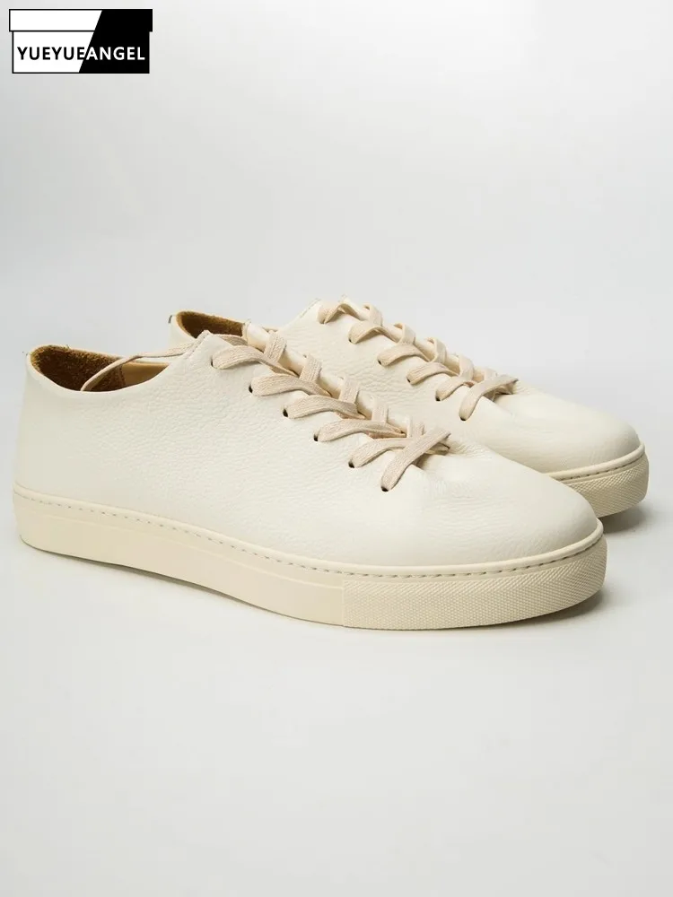Mens Cowhide Genuine Leather Skateboard Shoes Lace Up Low Cut Thick Platform Jogging Sneakers Italian Design Autumn Casual Shoes