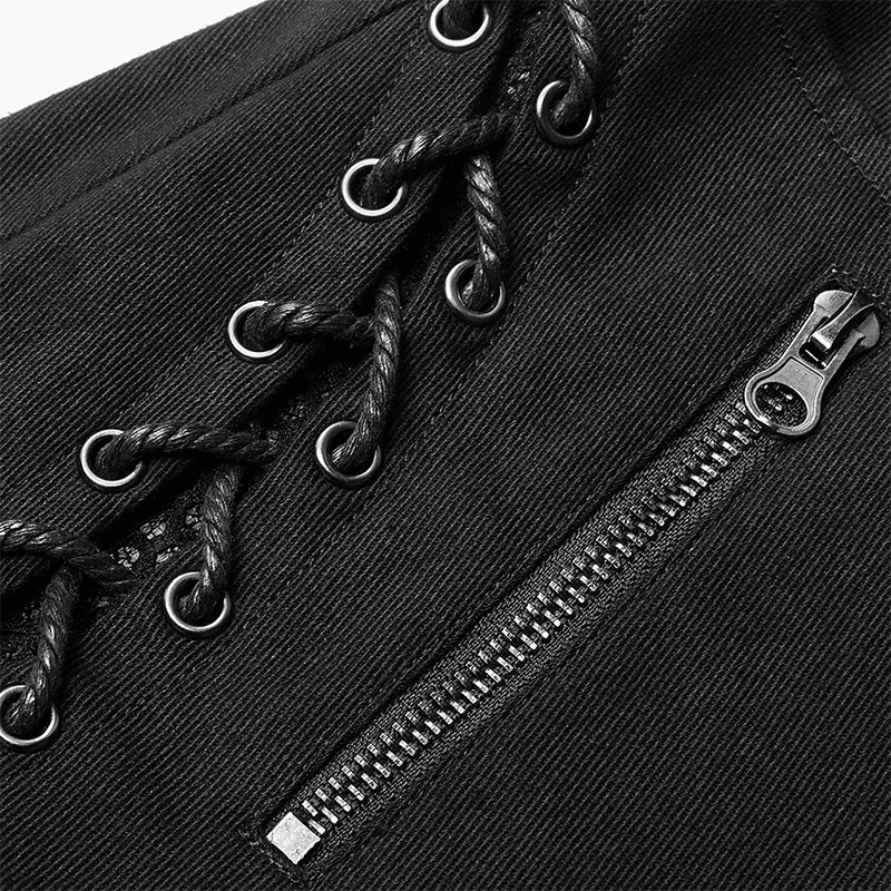 PUNK RAVE Women\'s Punk Daily Dark Denim Trousers Gothic Stitching Printed Skinny Pants Eyelet Through Rope and Zipper Design