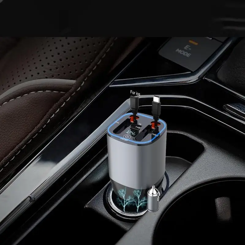 Fast Car Phone Charger 5 In 1 Smart Car Cell Phone Charger With Dual Retractable Cables Car Diffuser 100w Car Phone Charger