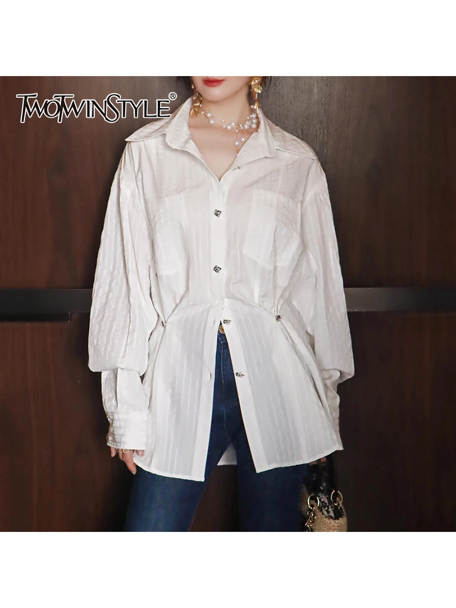 

TWOTWINSTYLE Solid Loose Spliced Striped Basics Shirts for Women Lapel Long Sleeves Patchwork Buttons Shirt Female Fashion New