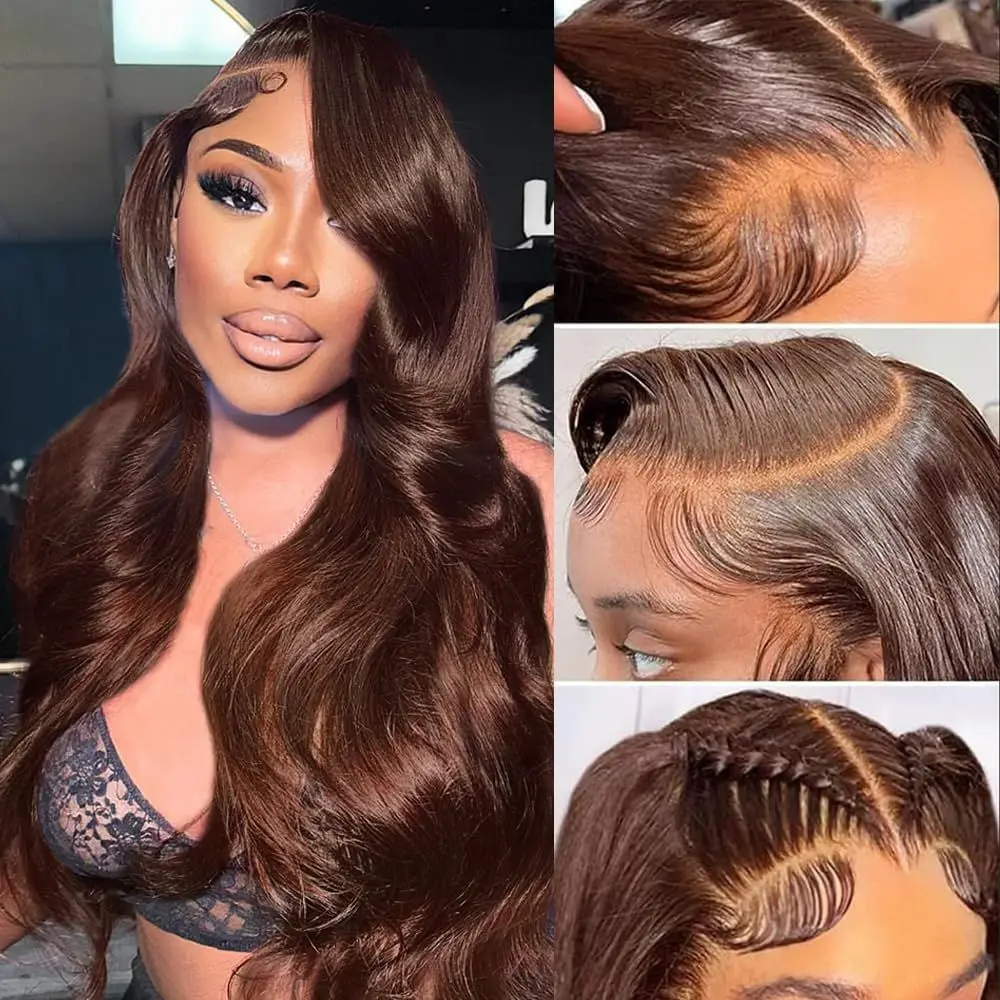 28 Inch Chocolate Brown Lace Front Wig Human Hair Pre Plucked 13x4 Hd Lace Body Wave Frontal Wigs Human Hair 4# Brown Colored Wigs Human Hair 200% Density Glueless Wigs 13x4 Chocolate Brown Human Hair Wig Straight Body Deep Wave Lace Front Wigs
