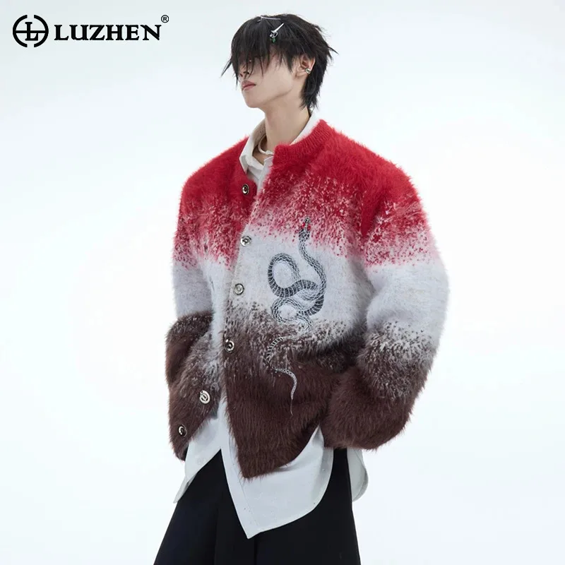 LUZHEN Mink Imitation Gradient Color Stylish High End Luxury Sweater Cardigan Knitted Loose Handsome Men Fleeced Clothing LZ7879