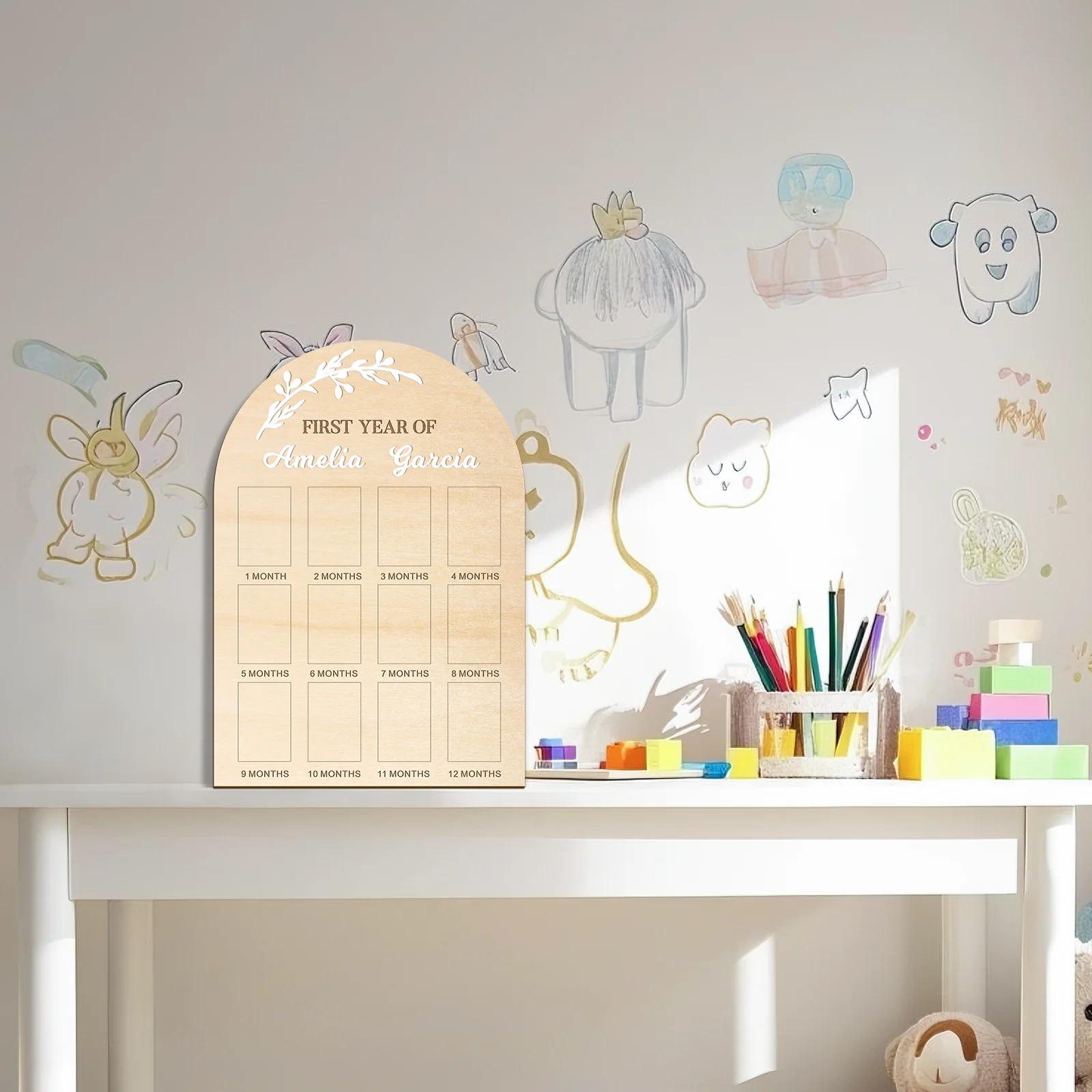 

Personalizaed FIRST YEAR OF My First Year Wooden Photo Board with White Leaves Design Custom Name– 12 Photo Slots for Baby Mile