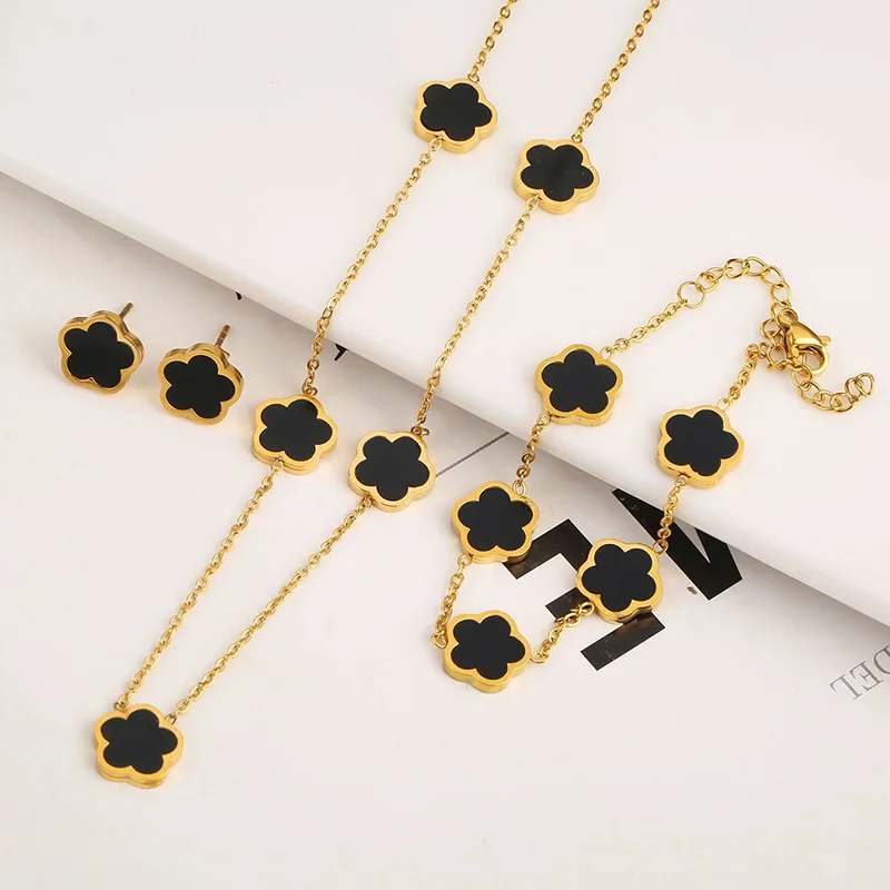 IFYOUOO Stainless Steel White Five Leaf Flower Necklace Bracelets Earring For Women Fashion Waterproof Clover Jewelry Gift image 3