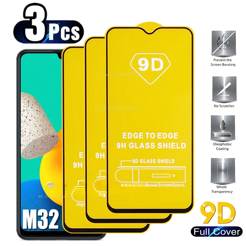 3Pcs 9D Full Cover Glass For Samsung Galaxy M14 M54 M62 M13 M33 M32 M53 M23 M31S Glass Screen Protectors For Samsung F62 M21 M51