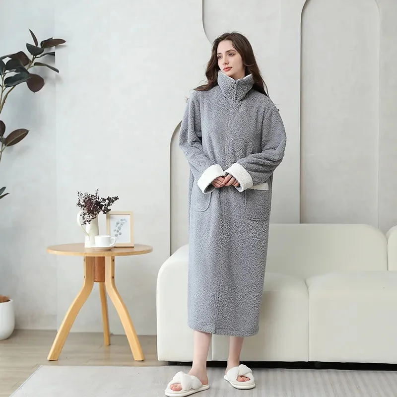 2024 New Women's Zipper Nightgown for Autumn and Winter Lengthened Thickened Simple Bathrobe Warm and Wearable One-Piece Pajamas