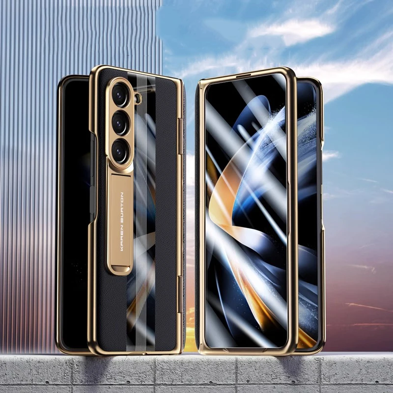 For Samsung Galaxy Z Fold 6 5 Case Hinge Magnetic Plating Genuine Leather Cases Fold 4 3 360 Full Protector Film Kickstand Cover