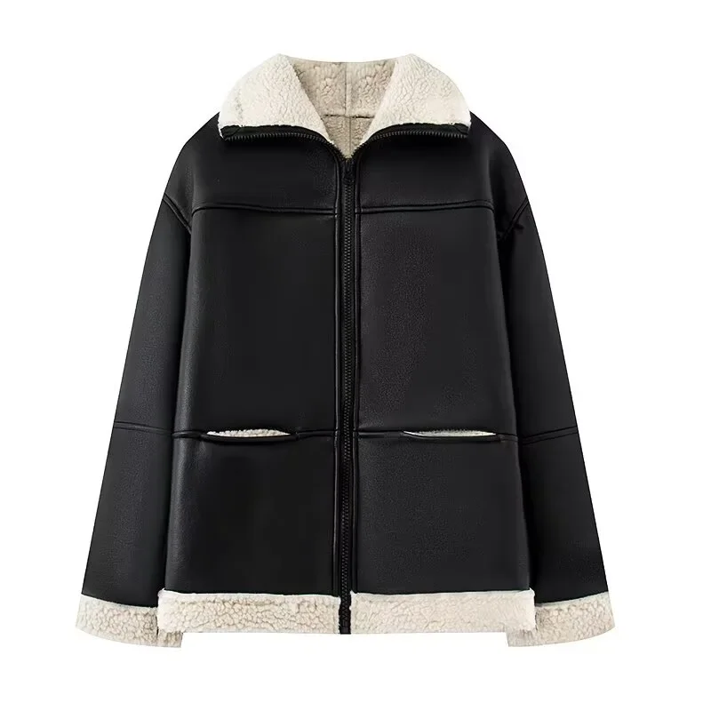 Winter Women's Large Size Fashionable Loose Lamb Wool Fur One Piece Coat Collection Collar Double Pocket Collar PU Coat