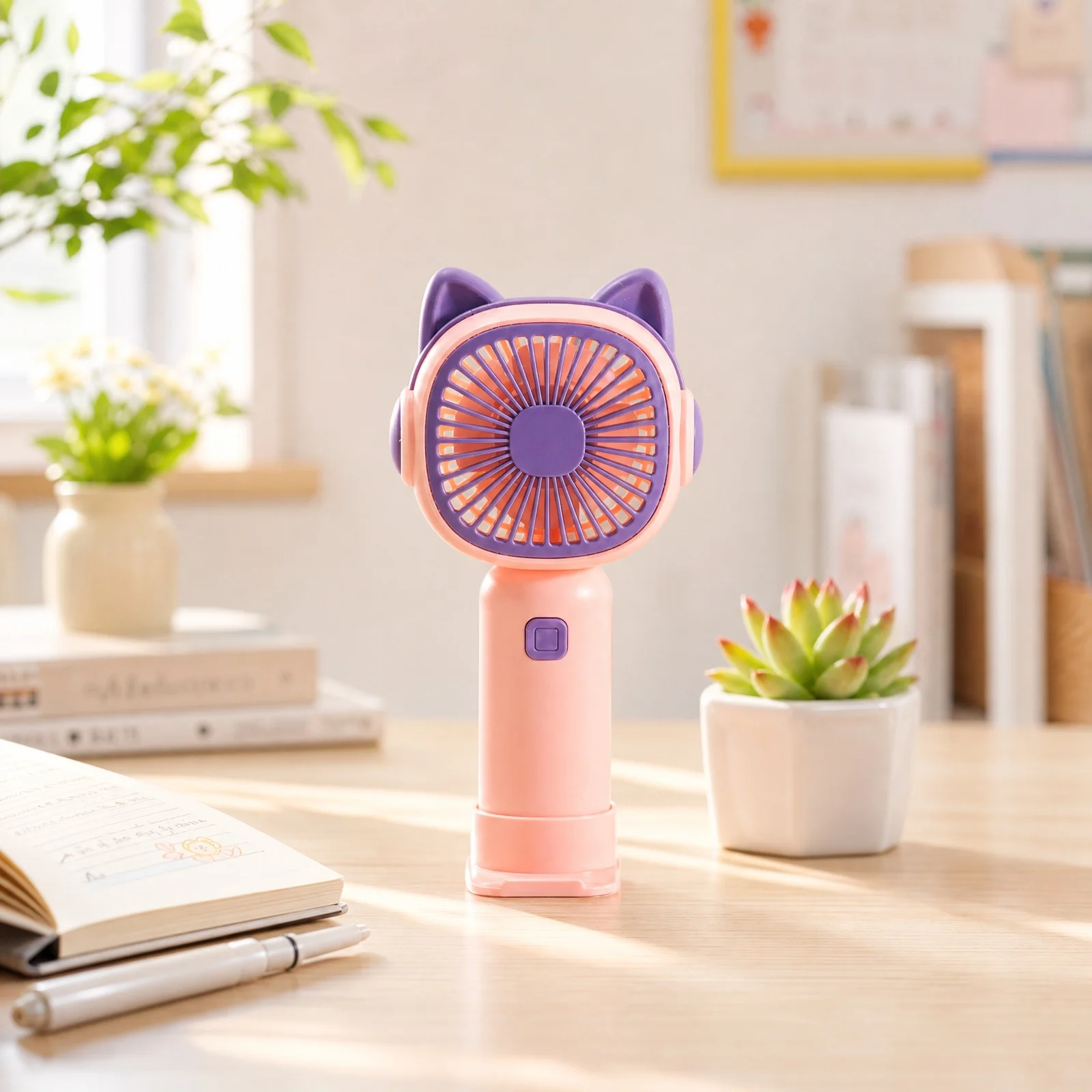 

Cute Cat Ear Handheld Fan Portable USB Rechargeable Mini Fan with Base Compact Fan for Outdoor Travel Office Home Summer Gift