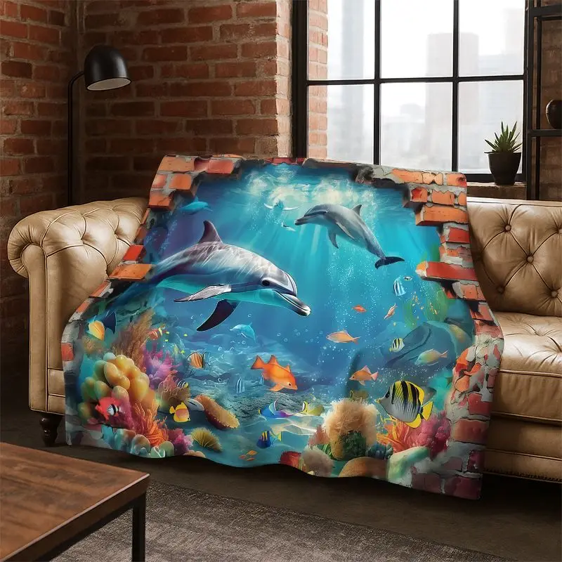 3D Illusion Underwater World Marine Life Shark Dolphin Cartoon Flannel Blanket Throw Blanket for Bedroom Living Room Bed Travel