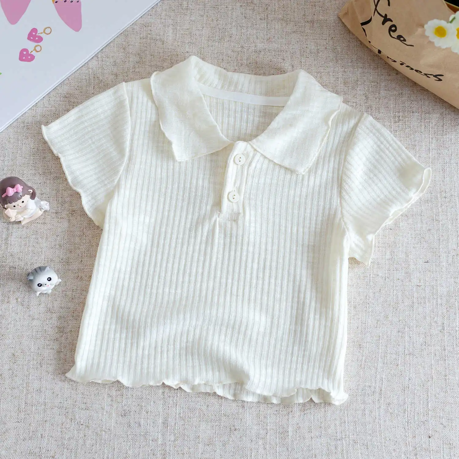 Mädchen Kurzarm-T-Shirt, Sommer Koreanischer Stil Süßer Puppenkragen-Oberteil für Junge Mädchen, Modische Grundschicht für Kleinkinder – Detail 4
