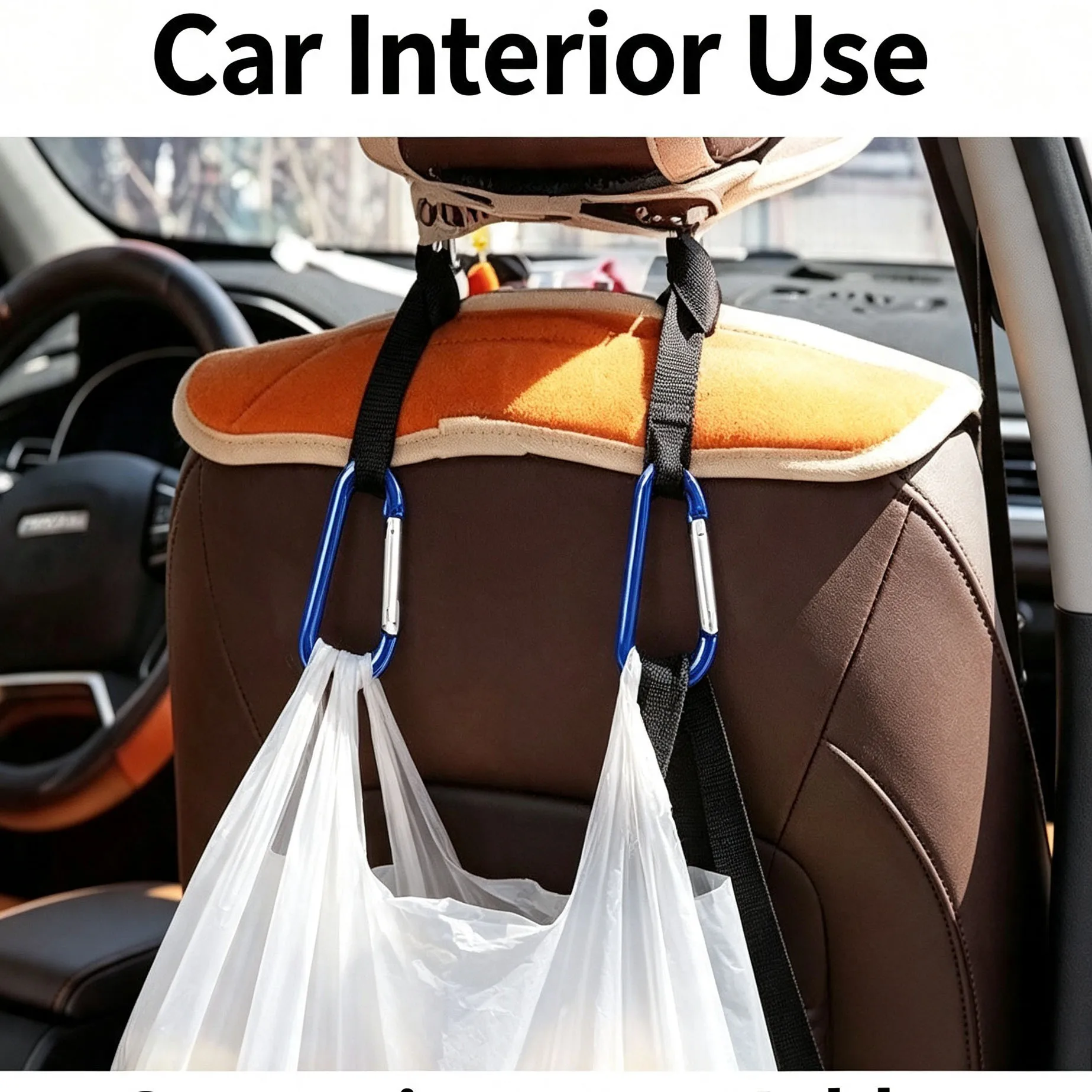 3Pcs Car Headrest Webbing Hook Alloy Carabiner Heavy‑Duty Hanger for Seat Back Bag Grocery Purse Storage Car Interior Accessorie