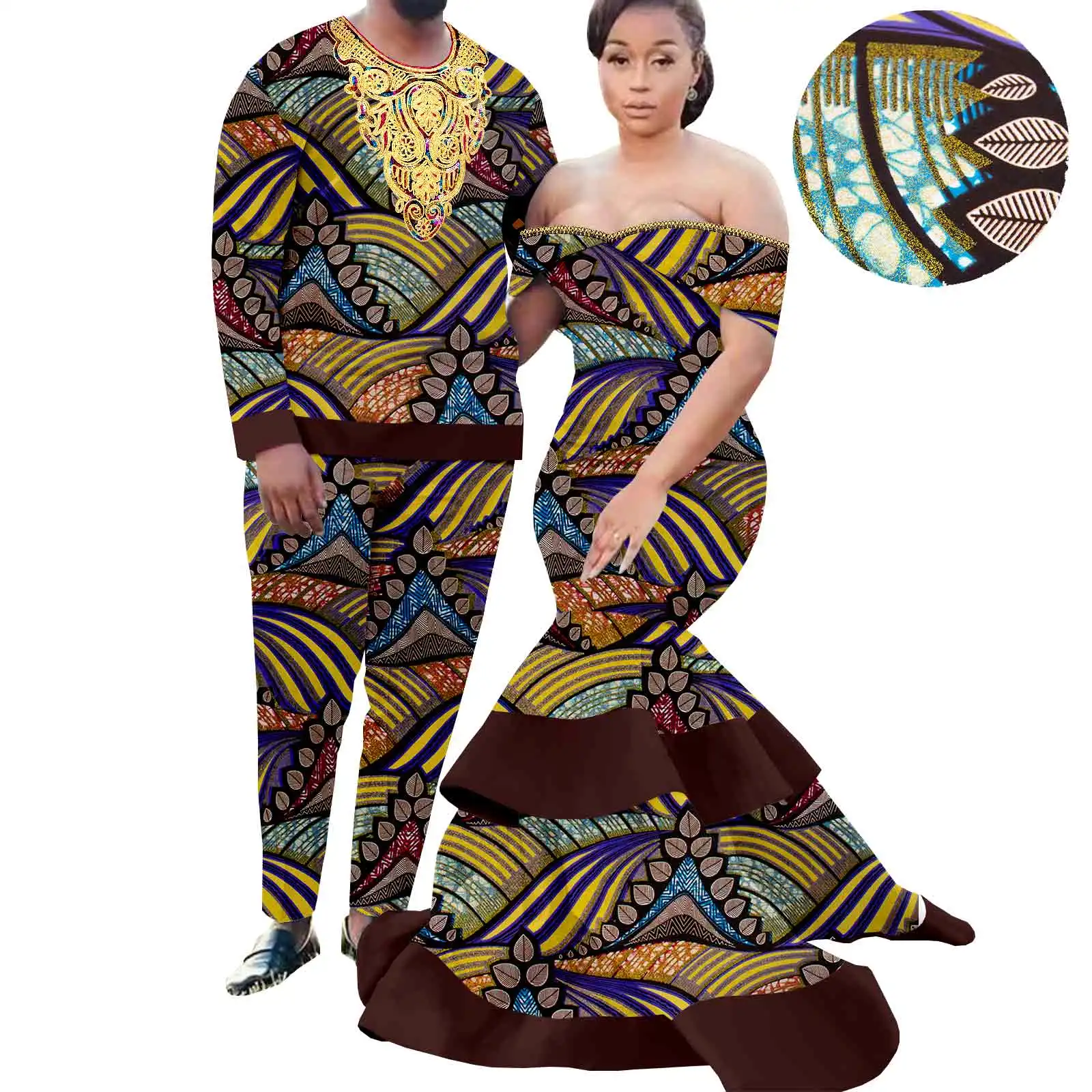 

African Long Dresses for Women Matching Men Outfits Top and Pants Sets Kaftan Bazin Riche Couple Clothes Party Vestidos Y22C012