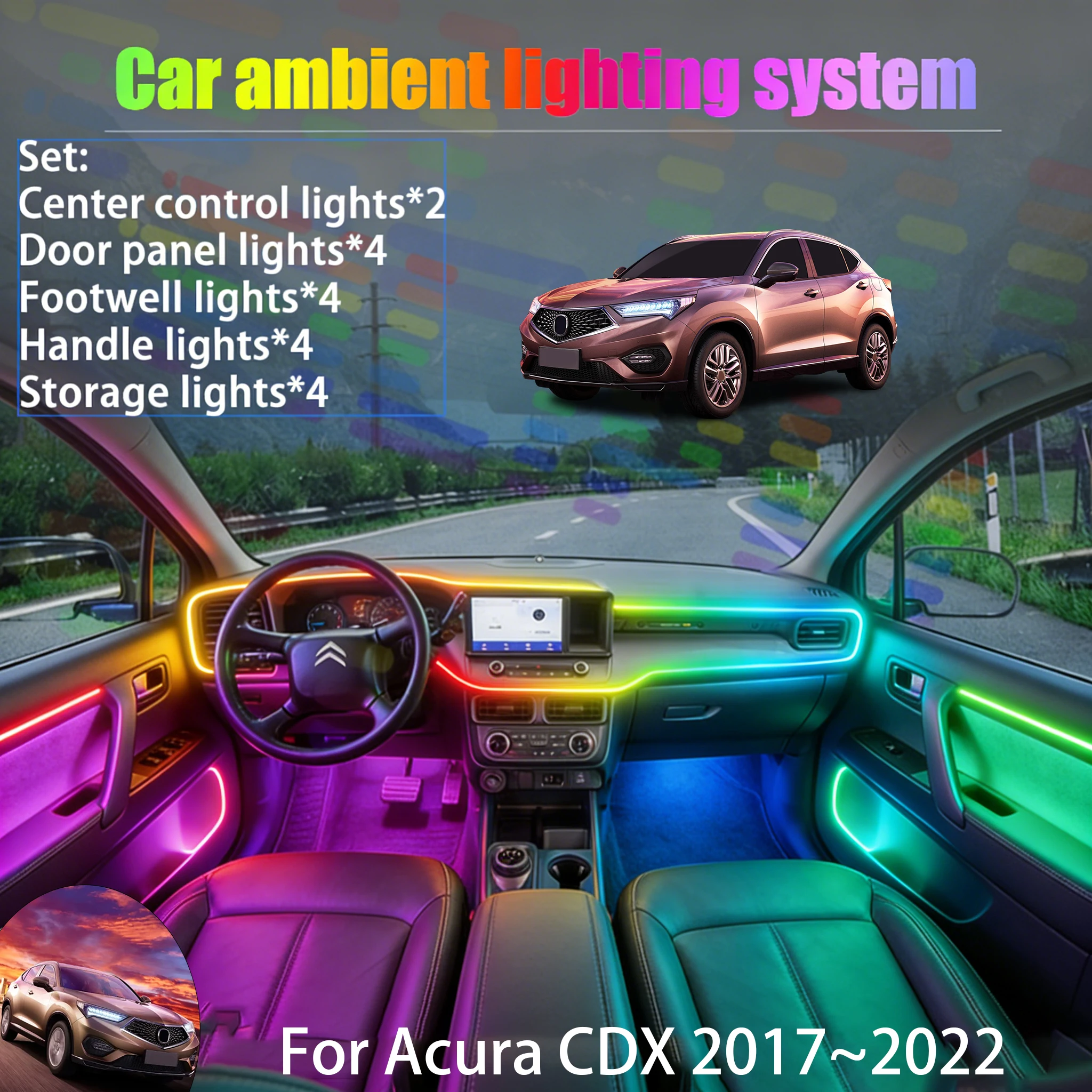 

For Acura CDX 2017~2022 RH4 RH5 2/18 in 1 Car ambient lighting Led trunk interior led lights USB RGB Ensemble Streamer Auto