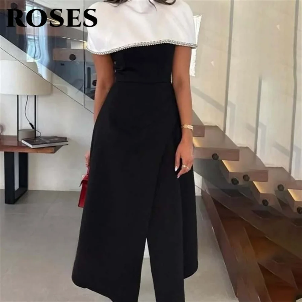 กุหลาบสีดําเรียบง่ายชุดราตรีซาอุดีอาระเบียแยกพรหมชุดปกติแขนจีบซาตินงานแต่งงานชุดราตรีที่กําหนดเอง