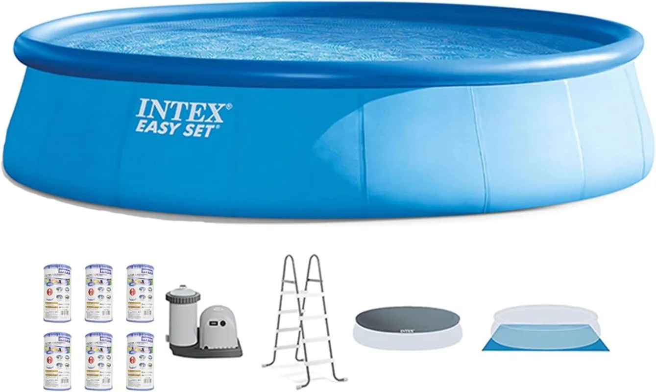 

Intex Easy Set 18' x 48" Round Inflatable Above Ground Swimming Pool Set with Filter Pump, Ladder, Pool Cover, and Filter