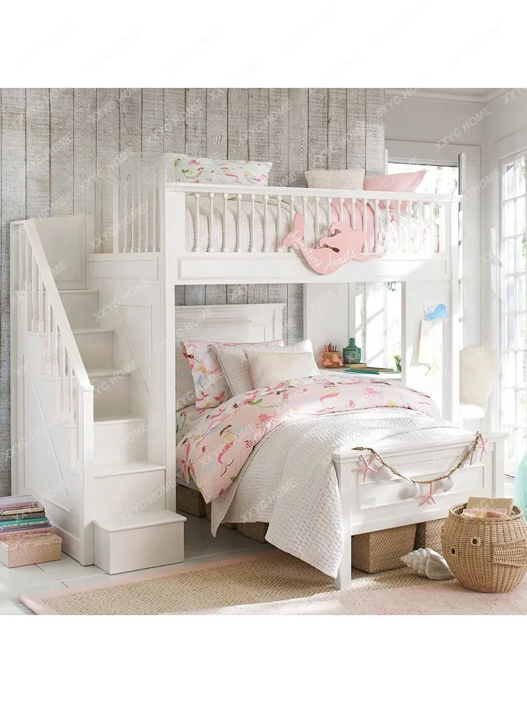 Solid Wood Children Boys and Girls White Bunk Bed Bunk Bed Height-Adjustable Bed Bunk Bed Storage