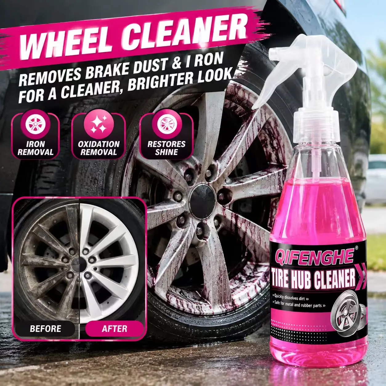 Powerful Wheel Cleaner Spray Remove Brake Dust Iron Particles Restores Shine Safe for Alloy Steel Rims