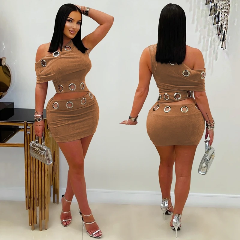 

STYLISH LADY Замшевый комплект из 2 предметов с люверсами Женский укороченный топ на одно плечо и мини-юбка Костюмы 2025 Летние сексуальные клубные наряды для вечеринок