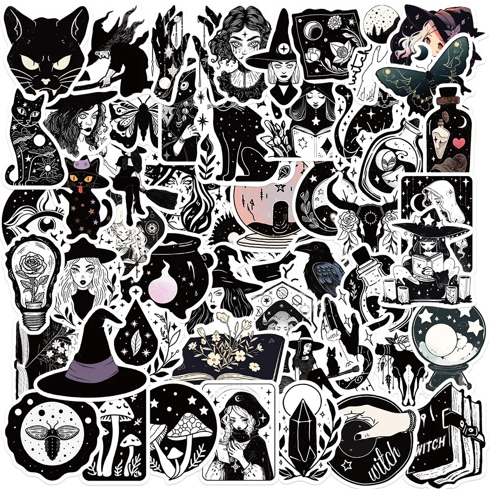 Vintage Black and White Cat Witch Gothic Stickers for Phone, Handmade DIY Sticker, Scrapbooking Material, Craft Supplies, 50Pcs