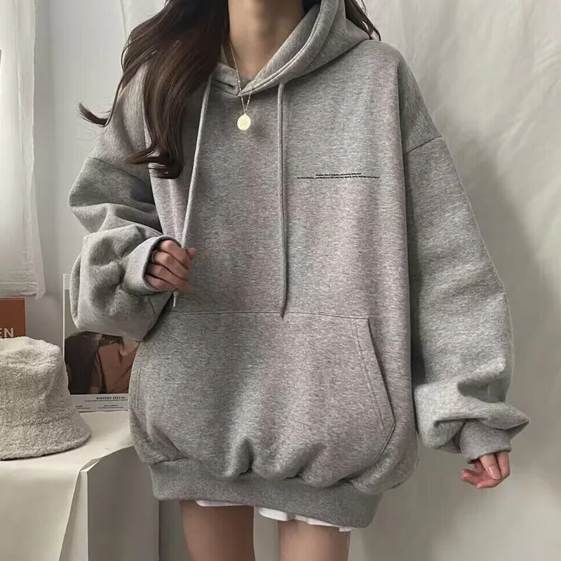 Spring Autumn Harajuku Grey Women\'s Hoodie Oversized Graphic Sweatshirts Korean Style Pullovers Y2k Streetwear Aesthetic Vintage