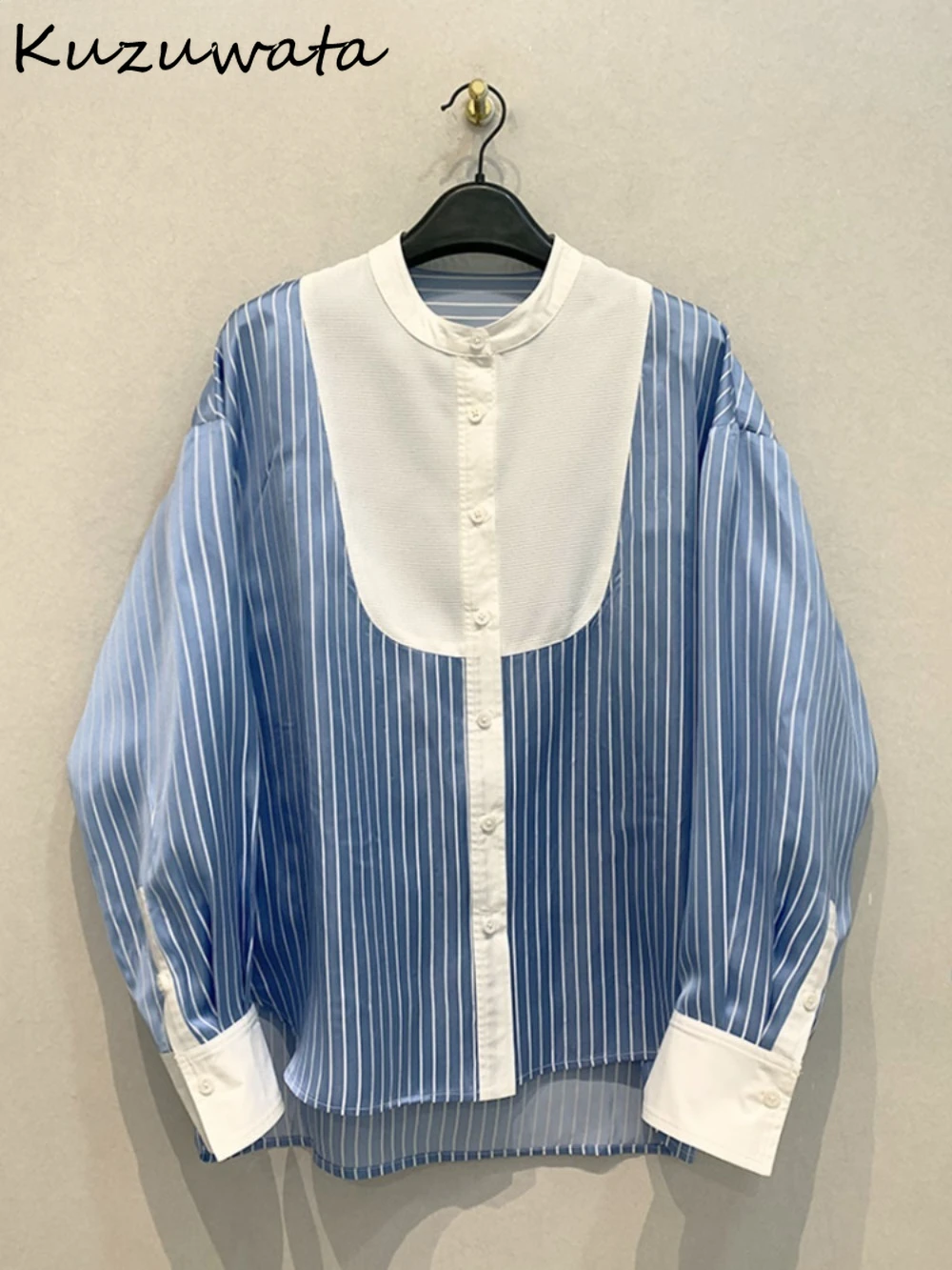 Kuzuwata Unique Personalized Casual Loose Shirt Stand Collar Panelled Stripe Blouses Japan Profile Patchwork Creative Moda Blusa