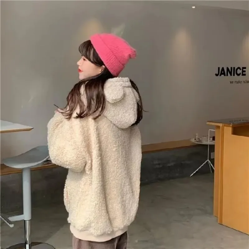 Kawaii Female Bunny Ear Hoodies Oversized Loose Zip Up Sweatshirt Women Long Sleeve Sweet Rabbit Hooded Winter Warm Sweatsuit