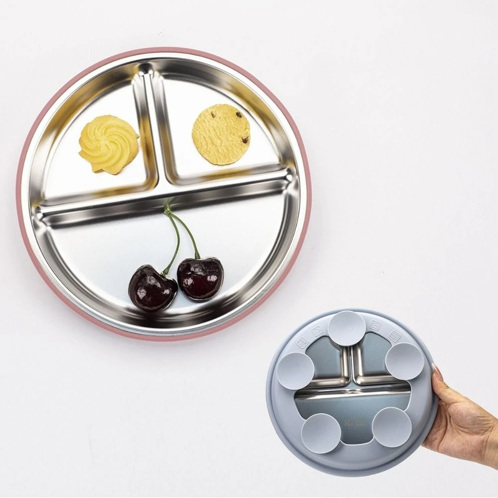 

Silicone Suction Cup Baby Sucker Dining Plate Divided Design 304 Stainless Steel 3 Grids Children Dishes Non-Slip Anti-fall