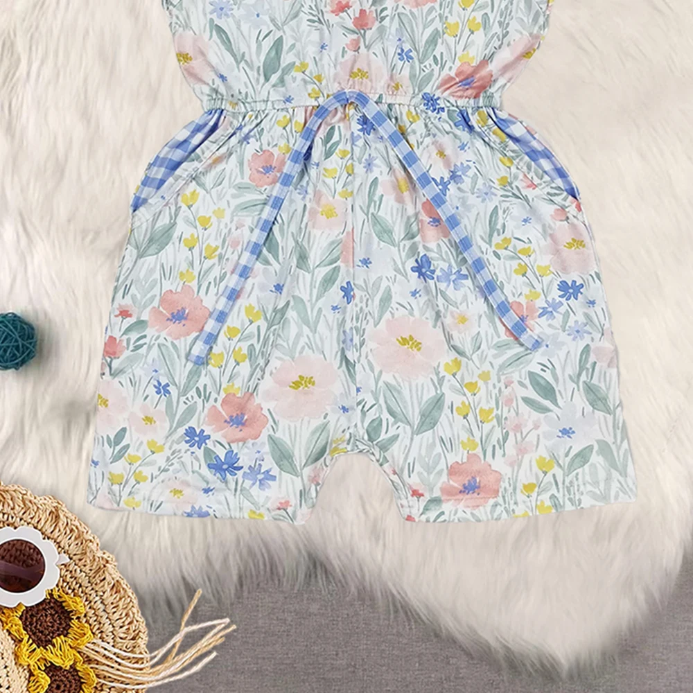 Baby Girls Blue Flowers Checkered Shorts Jumpsuits