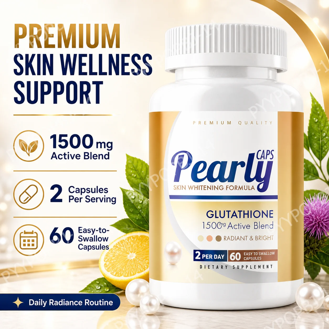 Pearly Caps Glutathione Capsules with Vitamin C for Radiant & Bright Complexion Support, Dark Spots Appearance, 60Capsules Vegan