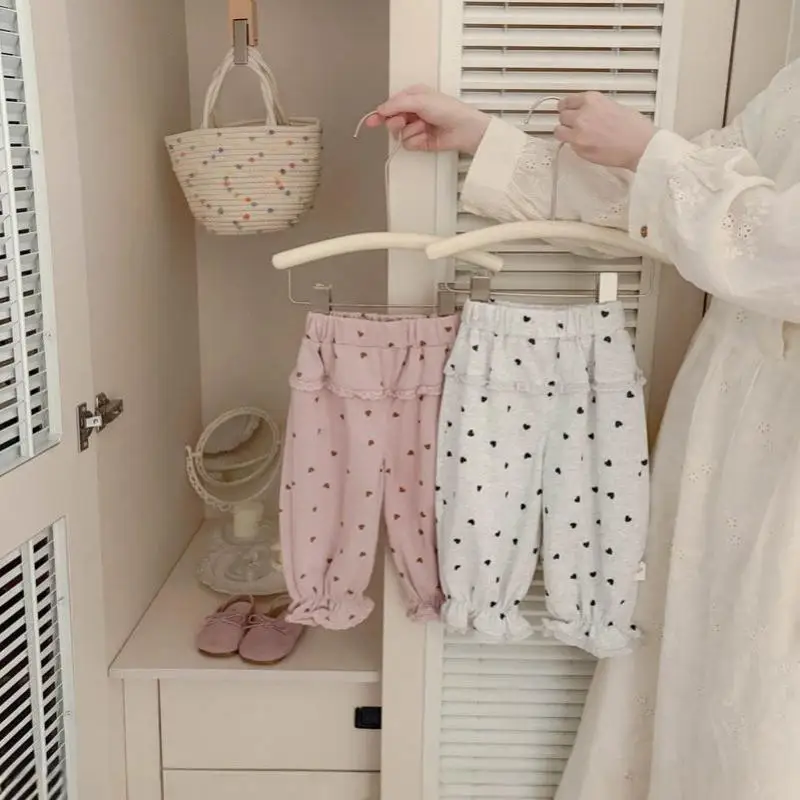 2026 Autumn New Girls Loose Trousers Toddler Heart Print Casual Pants Baby Girl Fashion Lace Lantern Pants Kids Clothes
