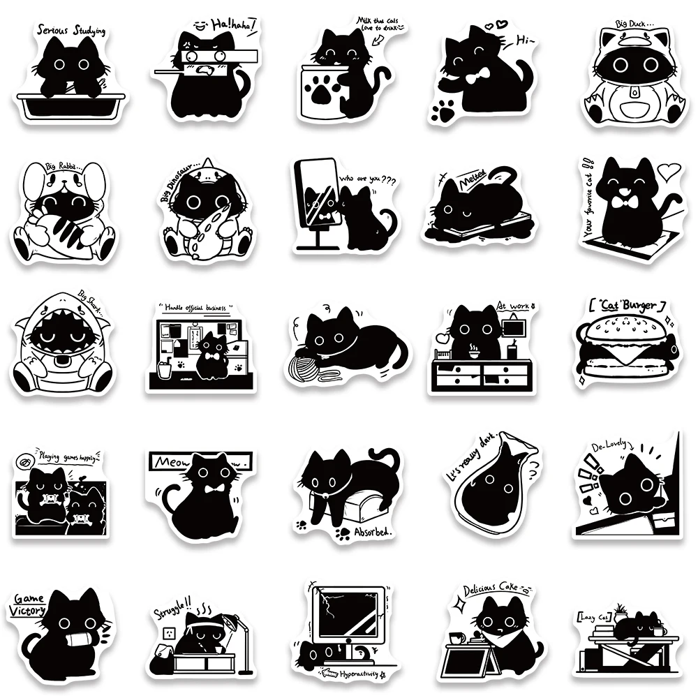 Autocollants Kawaii de chat noir mignon pour enfants, décalcomanies de dessin animé, ordinateur portable, bouteille d\'eau, valise, planche à