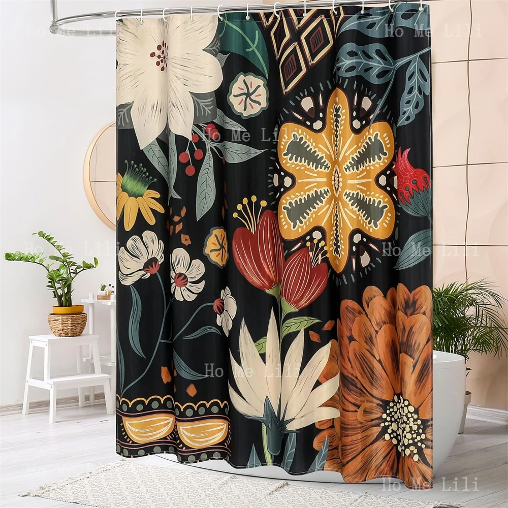 Boho Floral Tropical Leaves Abstract Colorful Flower Fabric Shower Curtains For Chic Elegant Bathroom Decor