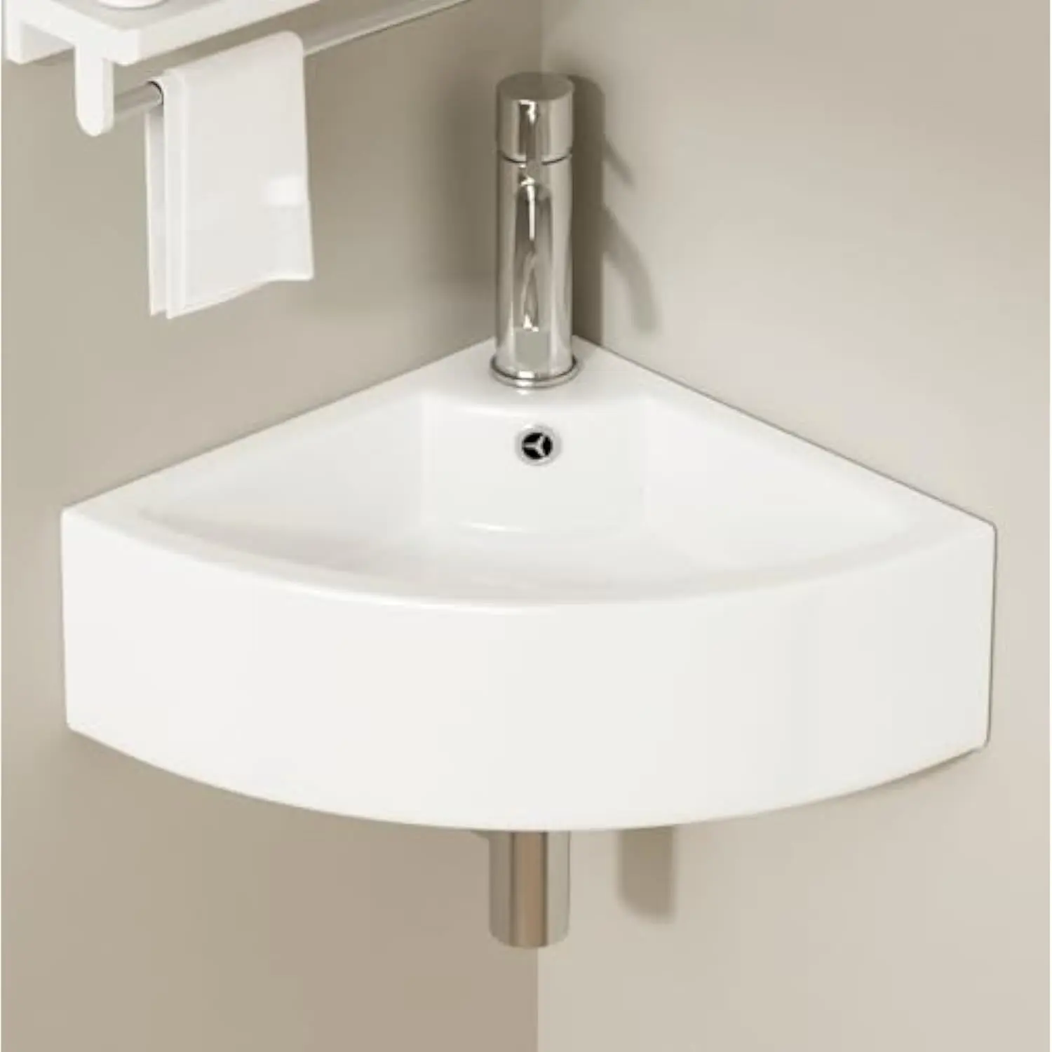 

Wall Mount Bathroom Vessel Sink, Small Bathroom Corner Ceramic Basin with Faucet/Pop-up Darin/P-trap/Overflow, White