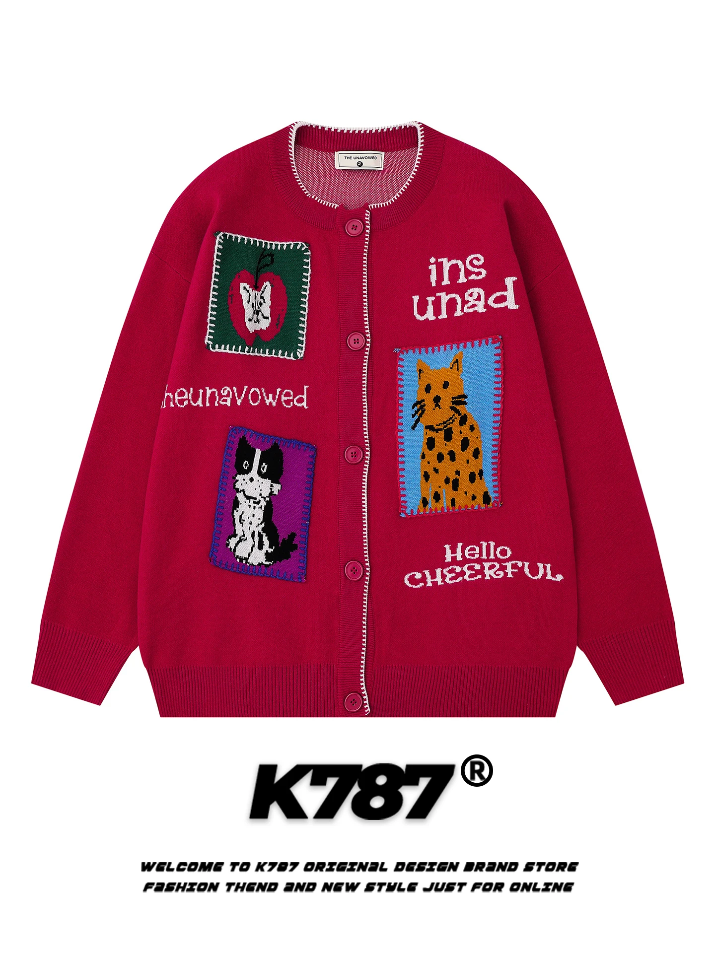 

Американский ретро-кардиган свободного кроя, красный, для пар, вязаная верхняя одежда для мужчин и женщин, повседневный стиль