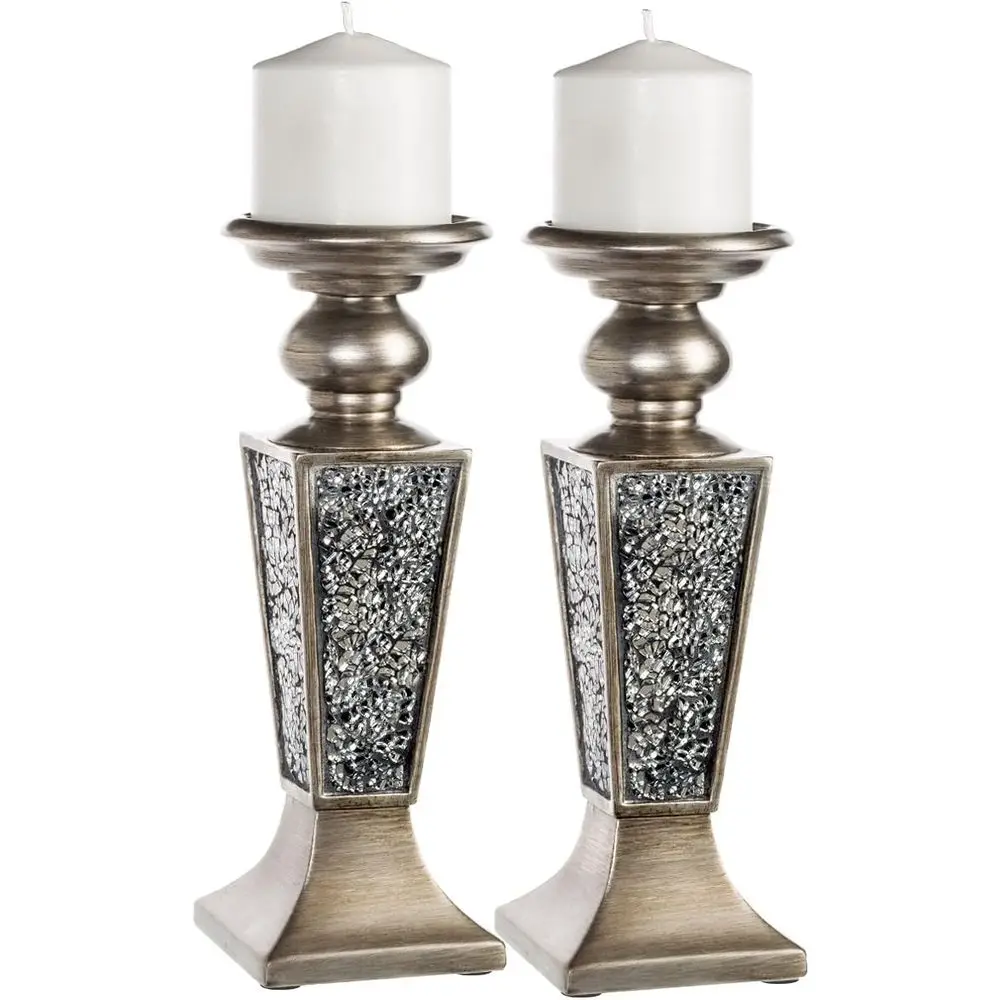

Silver Pillar Candle Holder Set of 2 - Crackled Mosaic Design - Elegant Centerpiece for Coffee Table and Living/Dining Rooms - P