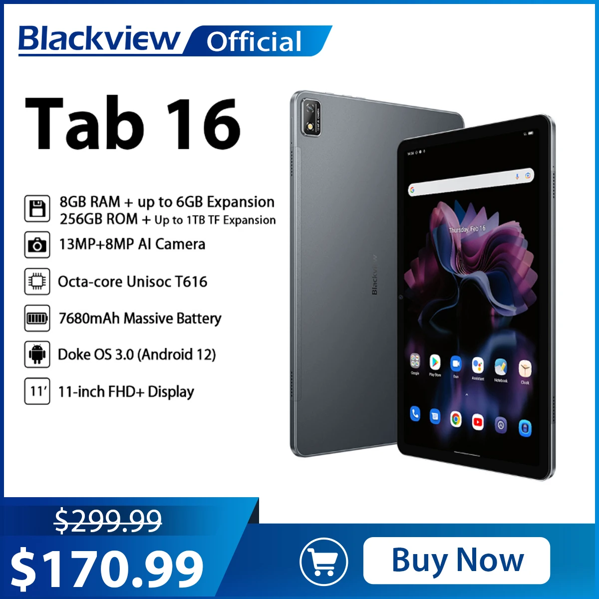 

Blackview Tab 16 Tablet 11'' 2K FHD+ Display Pad Android 12 T616 Widevine L1 8GB 256GB 7680mAh 13MP Camera Dual 4G Tablets PC