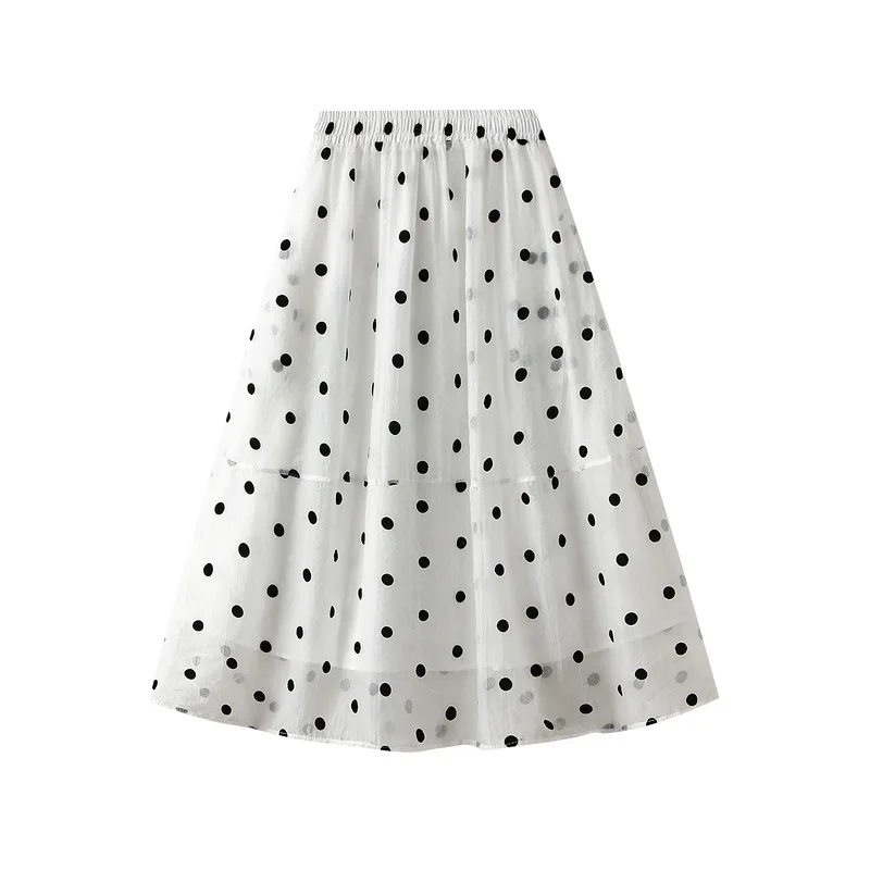 Summer Polka Dot Skirt Literary Flowing Large Hem Elastic Waist Skirt 2024 New Pleated Ruched Skirt for Women Elegant Streetwear