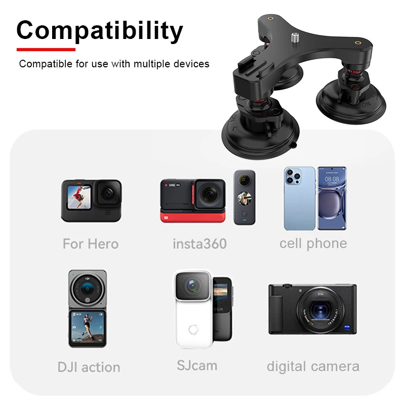 Triple Suction Cup Car Mount Heavy Duty Tripod with 360 Ball Head for Mobile Phones GoPro Insta360 DJI Action Camera, Windshield