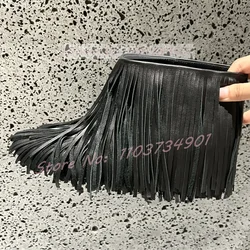 Tassels Black Short Boots Women Nightclub Punk Sexy Round Toe Slip-On High Heels Boots Ladies Party Fashion Nifty Stiletto Shoes