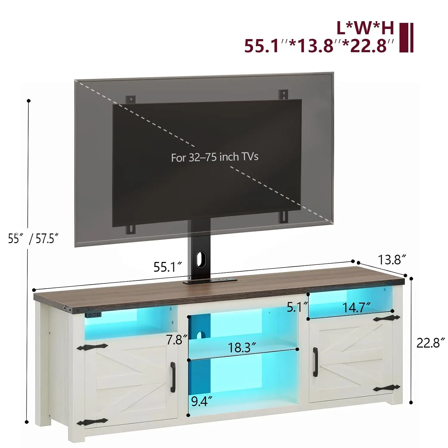 Farmhouse TV Stand with Mount and Charging Station LED Lights 55