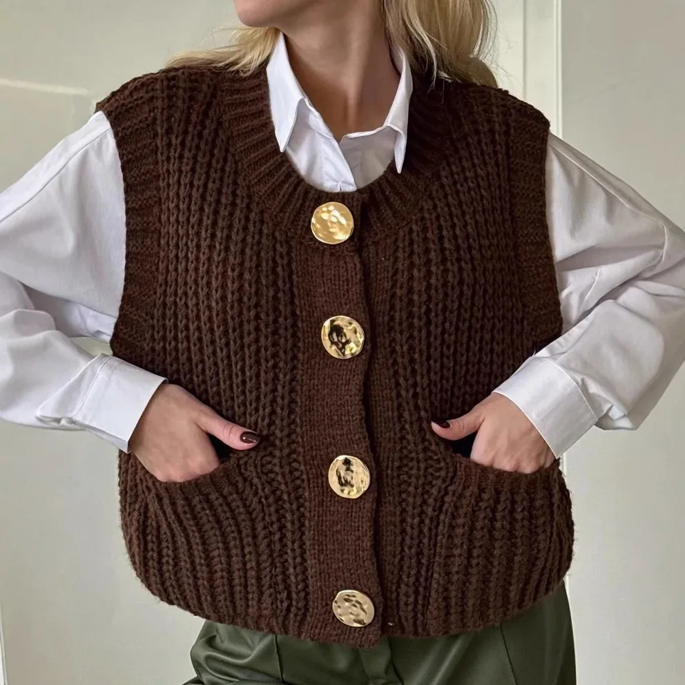 

Women's Sleeveless Round Neck Sweater Solid Pocket Knitted Vest Big Buttons Cardigan Sweater
