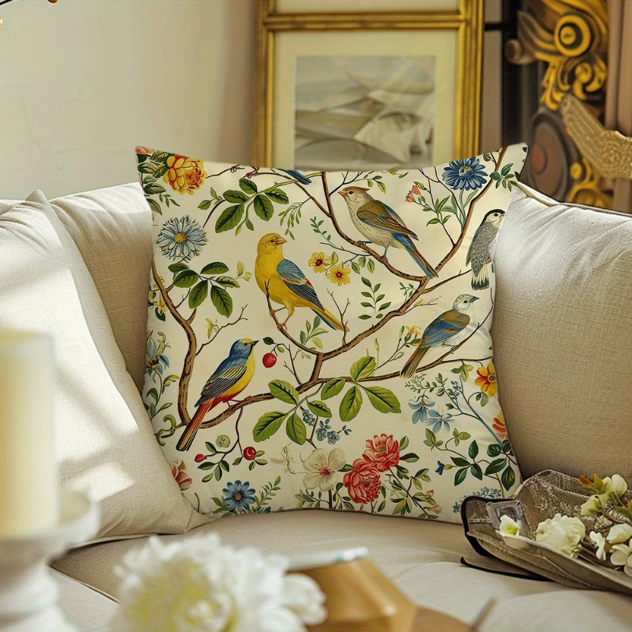 1PC Digital Print Pillow Cover Cushion Cover Retro Vintage Flower Bird Botanical Illustration Art Decorative Throw Pillow Case