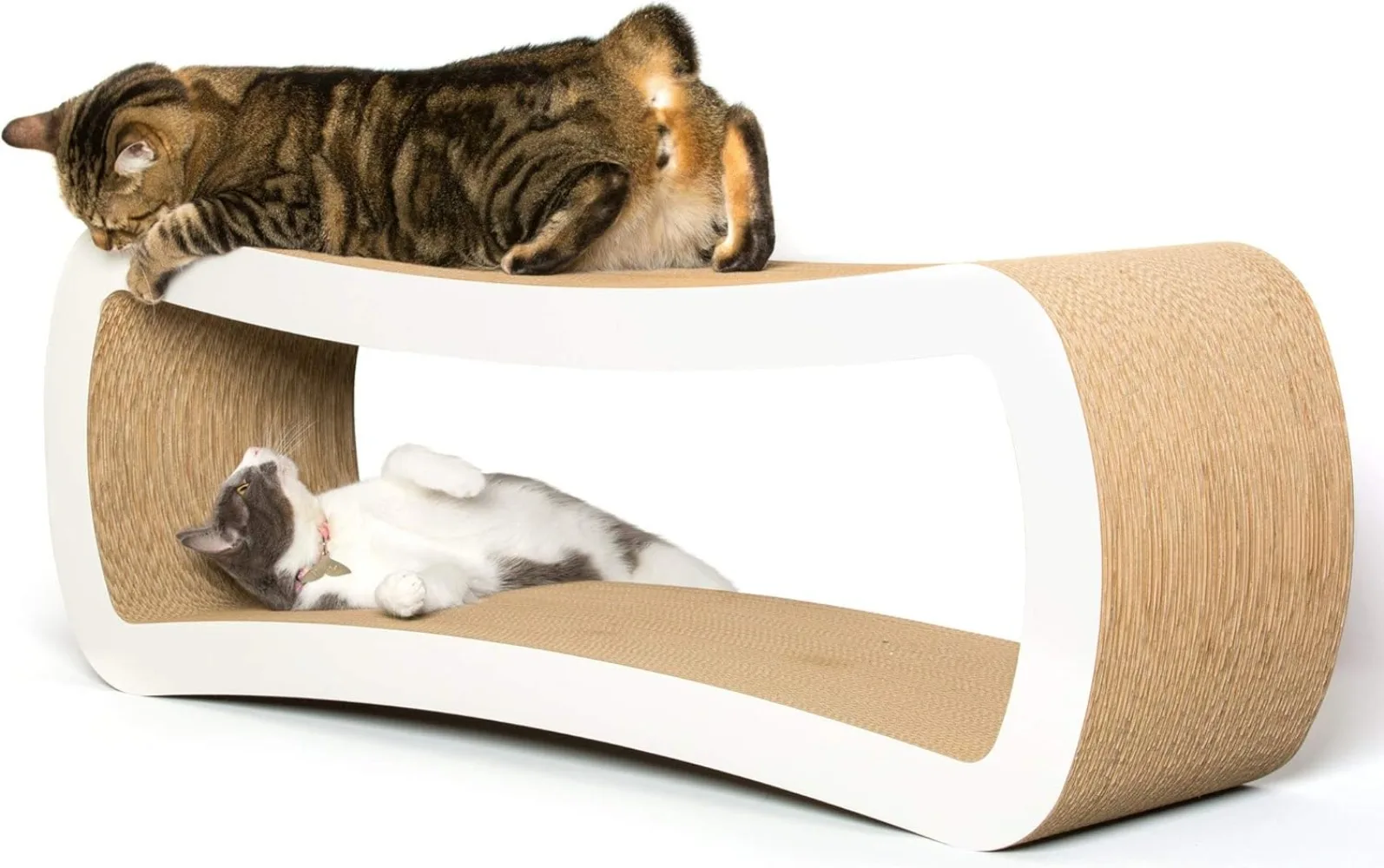 White. 39 x 11 x 14 inch 4 Cardboard Scratching Surfaces and 2 Levels, Scratch, Play, Perch, and Hide100% Recyclable Cardboard