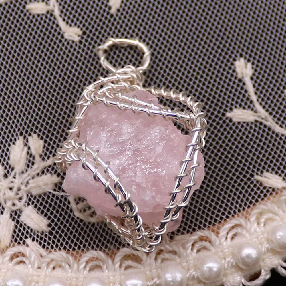 

Fashion Natural Stone Crystal Wire Wrapped Pendant Raw Irregular Rose Quartz Charms for Fashion Jewelry Healing Lucky Necklace